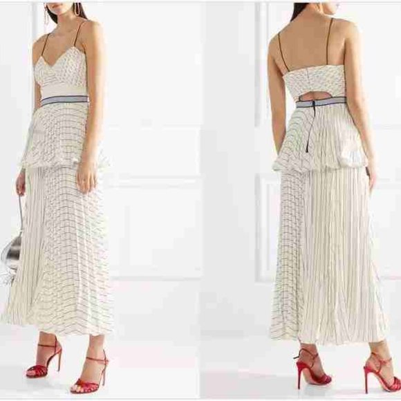 NWT In Box Self Portrait Pleated Stripe Flounce Maxi Strap Dress Blue Midband - Picture 9 of 11